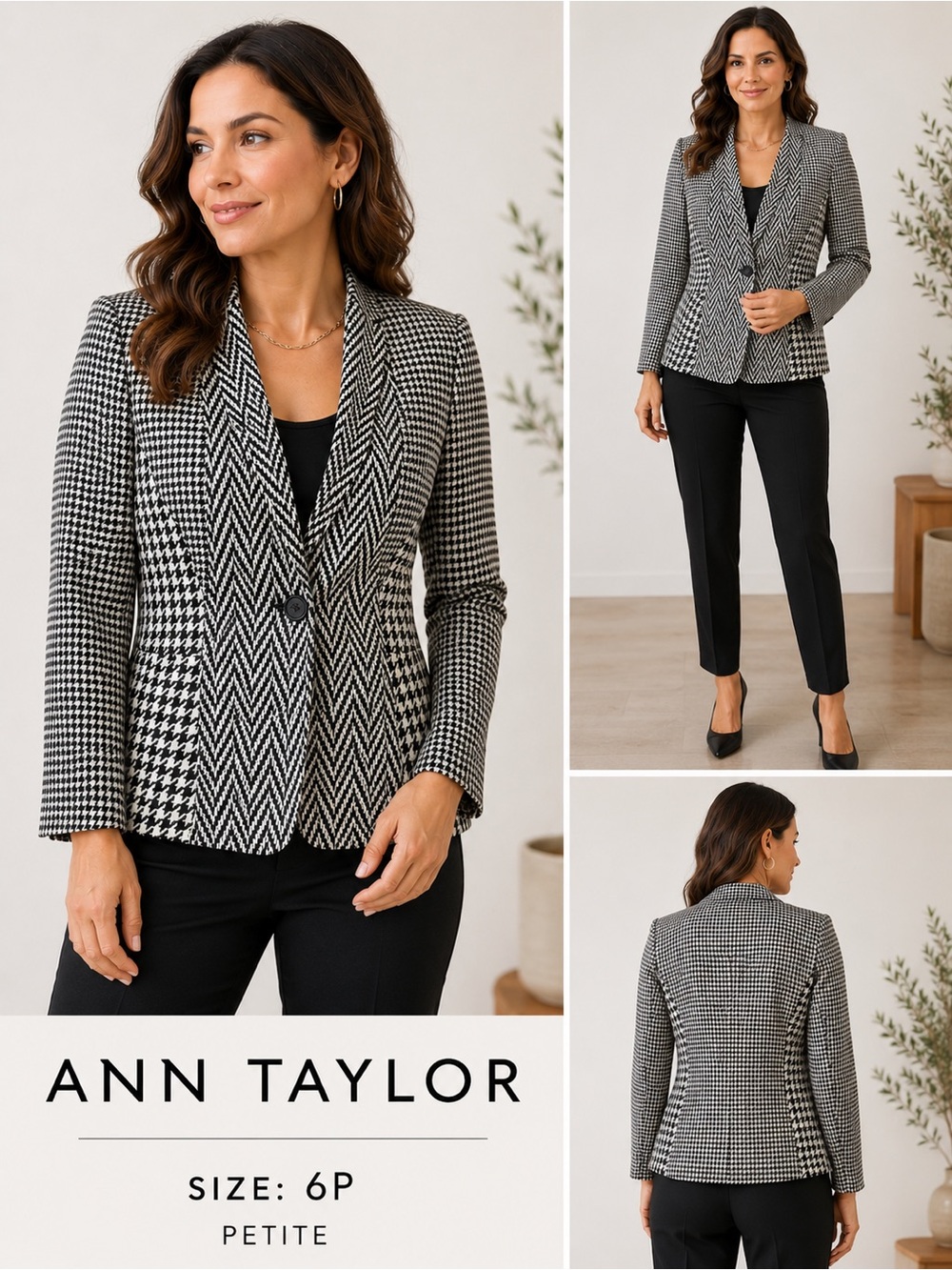 Ann Taylor Petite Women’s Blazer Jacket Black White Houndstooth Size 6P